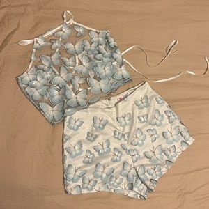Butterfly Top and Short Set - White, Baby Blue, Silver - M